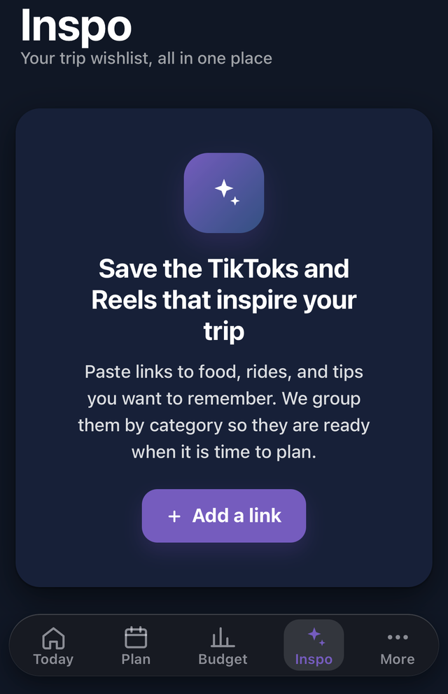 MagicCost Planner Inspo screen for saving TikToks and Reels that inspire your trip